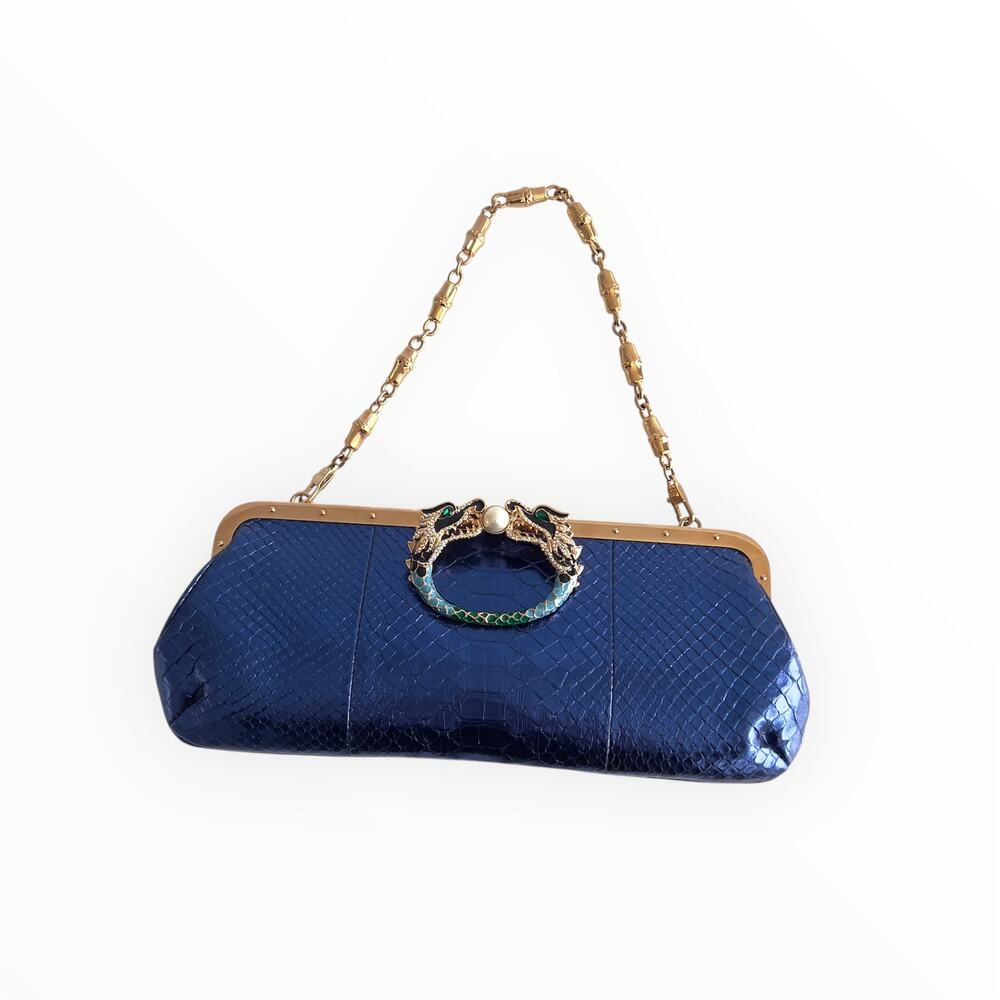 Vintage Gucci Metalic Blue Python Dragon Head Clutch